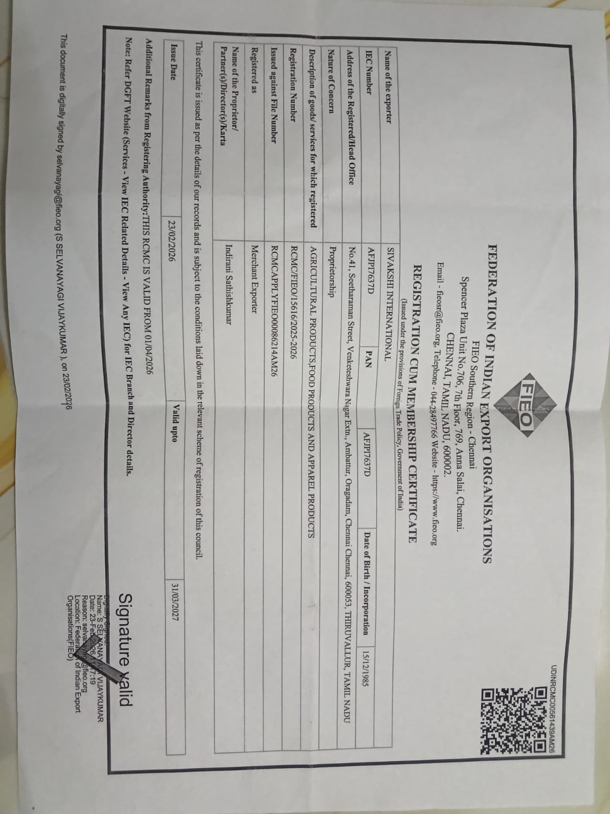 FIEO Registration Cum Membership Certificate - Sivakshi International