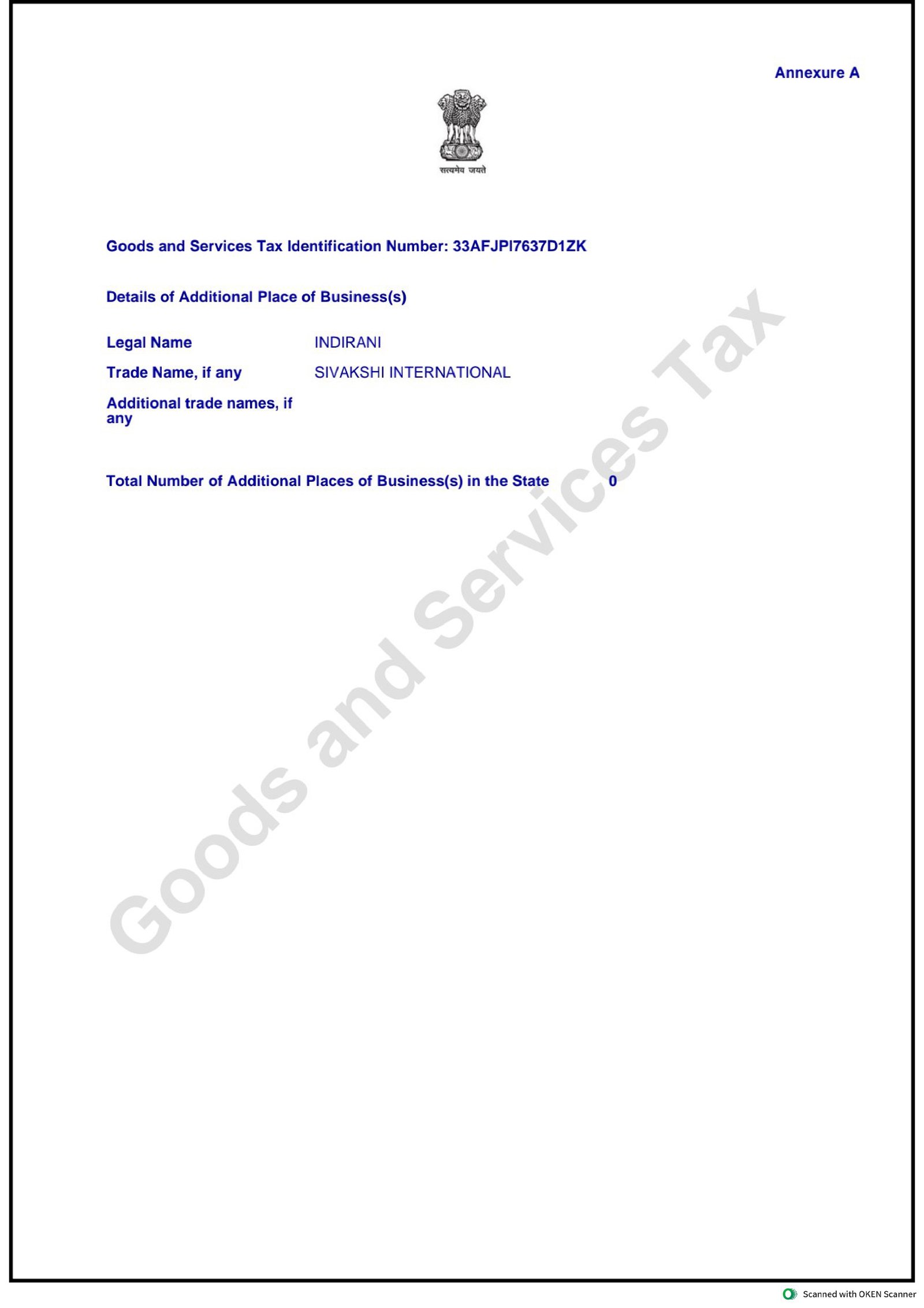 GST Registration Certificate Annexure A - Sivakshi International