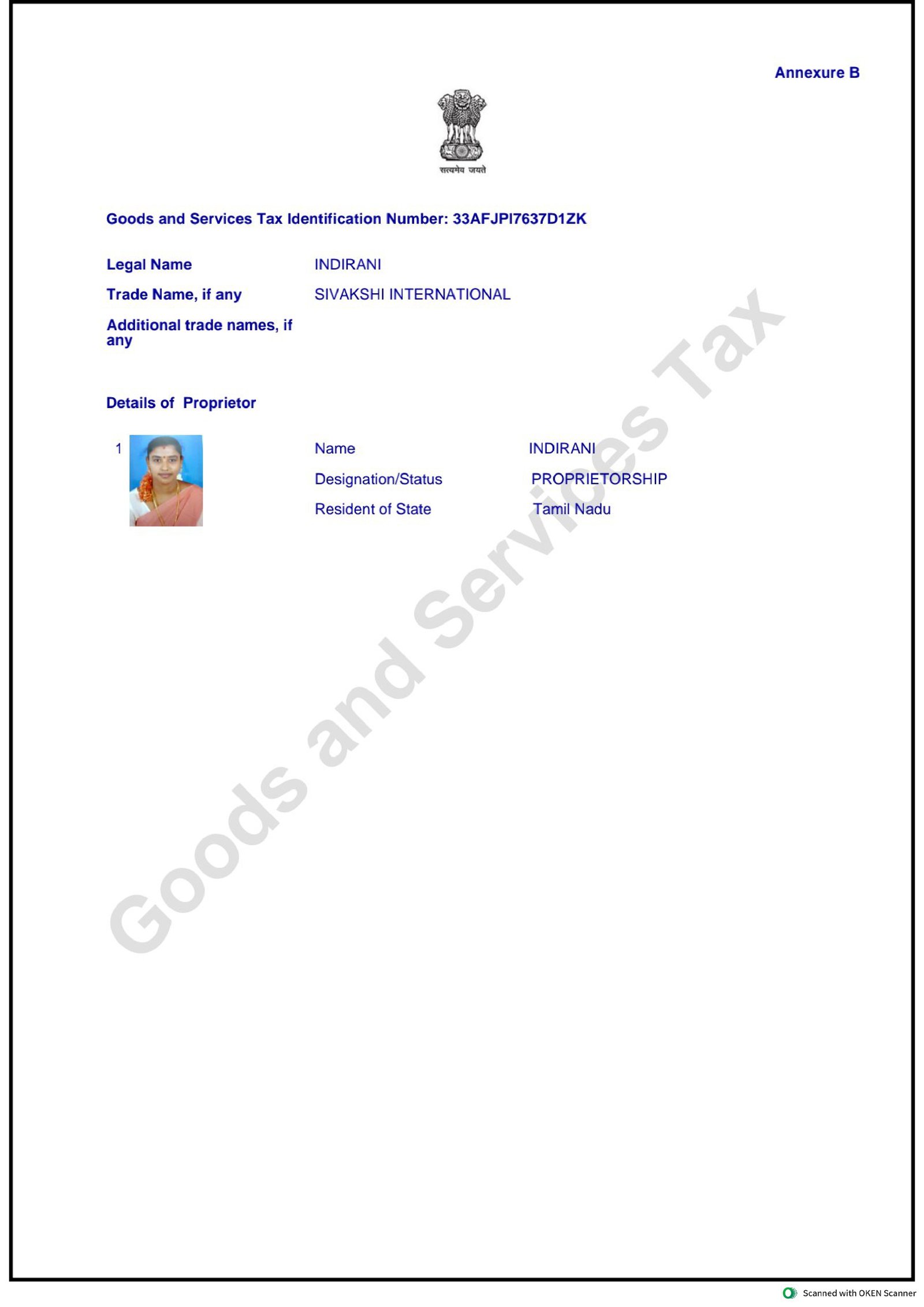 GST Registration Certificate Annexure B - Sivakshi International