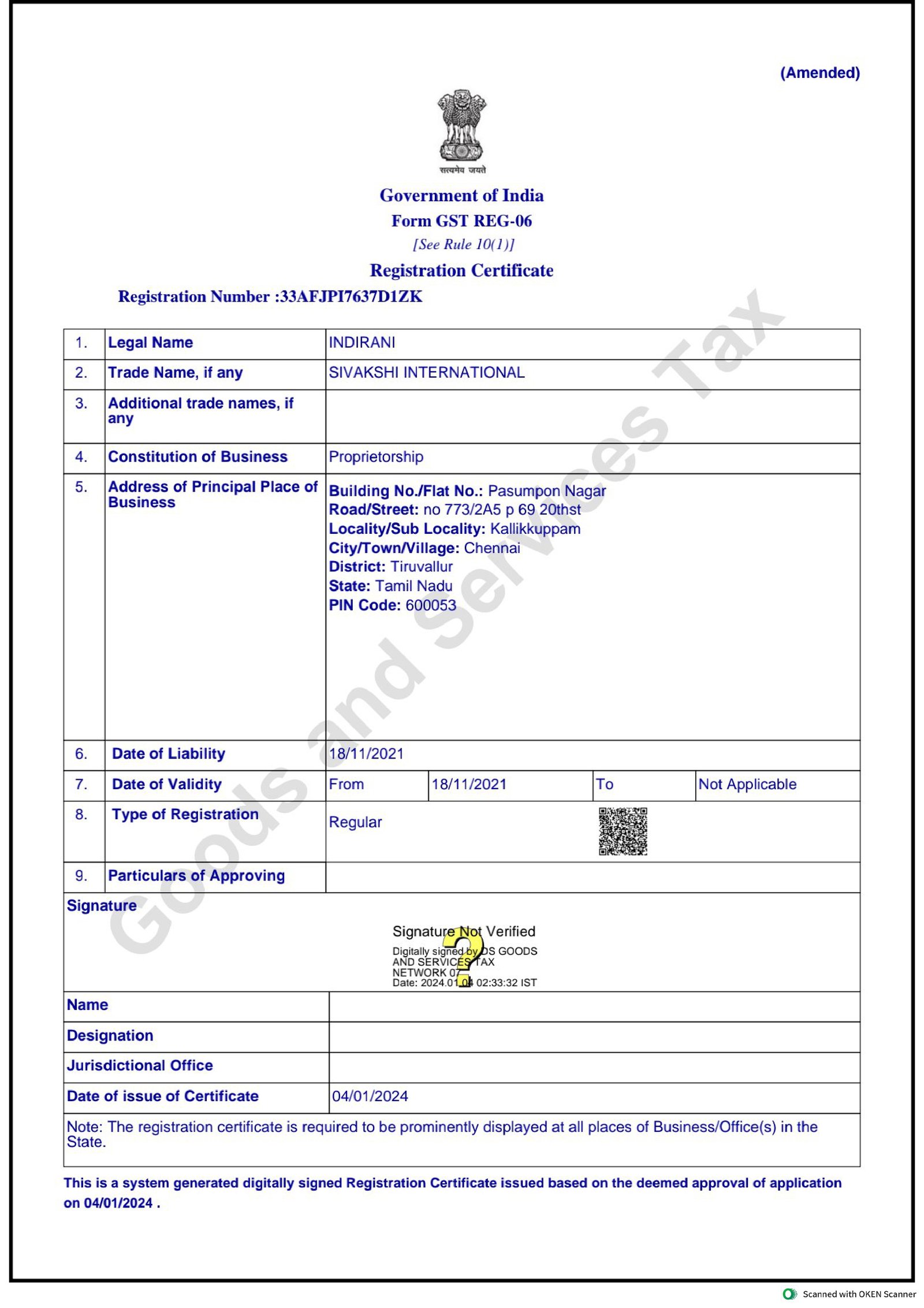 GST Registration Certificate - Form GST REG-06 - Sivakshi International